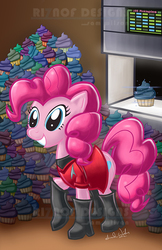 Size: 518x800 | Tagged: safe, artist:riznof, pinkie pie, earth pony, pony, g4, clothes, crossover, cupcake, female, nyota uhura, ponified, solo, star trek, star trek (tos), uhura, watermark