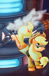 Size: 647x1000 | Tagged: safe, artist:riznof, applejack, pony, g4, bucking, clothes, crossover, engineer, female, geordi laforge, percussive maintenance, ponified, solo, spaceship, star trek, this will end in explosions, warp core
