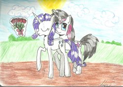 Size: 1024x724 | Tagged: safe, artist:catkotek, rarity, oc, g4, canon x oc, female, male, shipping, straight, traditional art