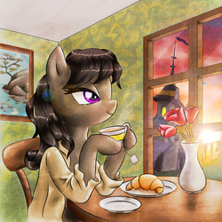 Size: 900x900 | Tagged: safe, artist:pluckyninja, artist:speteryos, octavia melody, earth pony, semi-anthro, g4, canterlot, cottagecore, croissant, cute, evening, female, food, lens flare, mare, smiling, solo, tavibetes, tea