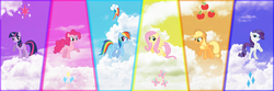 Size: 6000x2000 | Tagged: safe, applejack, fluttershy, pinkie pie, rainbow dash, rarity, twilight sparkle, g4, cutie mark, high res, line-up, mane six, sky, wallpaper