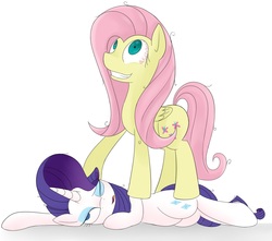 Size: 1376x1218 | Tagged: safe, artist:mcsadat, fluttershy, rarity, g4, bloodshot eyes, drugs, duo, grin, lying down, messy mane, one eye closed, open mouth, prone, simple background, sploot, trampling, white background