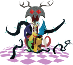 Size: 1023x909 | Tagged: safe, artist:rariedash, discord, draconequus, g4, princess twilight sparkle (episode), black vine, discord's throne, fangs, horns, lineless, looking at you, male, open mouth, sitting, solo, teeth, throne, twilight scepter, wings