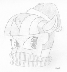 Size: 1500x1600 | Tagged: safe, artist:ramott, twilight sparkle, pony, g4, clothes, female, hat, santa hat, scarf, smiling, solo, traditional art