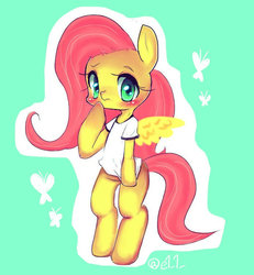 Size: 693x750 | Tagged: safe, artist:elllchan, fluttershy, pony, g4, bipedal, clothes, female, pixiv, solo, t-shirt