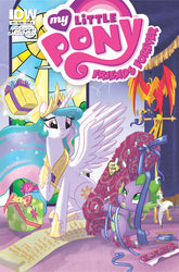 Size: 900x1366 | Tagged: safe, artist:amy mebberson, idw, philomena, princess celestia, spike, alicorn, dragon, phoenix, pony, g4, comic, cover, female, male, mare, present