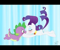 Size: 846x700 | Tagged: safe, artist:pia-sama, rarity, spike, dragon, pony, unicorn, g4, secret of my excess, blushing, duo, eyes closed, falling, featured image, female, fire ruby, jewelry, kiss on the lips, kissing, letterboxing, male, mare, necklace, scene interpretation, ship:sparity, shipping, squishy cheeks, straight, wide eyes