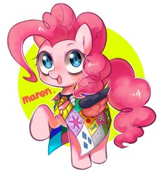 Size: 904x977 | Tagged: safe, artist:maren, pinkie pie, earth pony, pony, fanfic:cupcakes, g4, applejack's cutie mark, bon bon's cutie mark, clothes, colored pupils, cute, cutie mark dress, doctor whooves's cutie mark, female, grimcute, horn, horn necklace, looking at you, mare, necklace, pixiv, raised hoof, rarity's cutie mark, severed horn, simple background, solo, twilight sparkle's cutie mark, white background