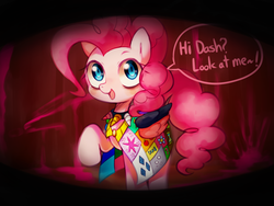 Size: 1300x977 | Tagged: safe, artist:maren, pinkie pie, fanfic:cupcakes, g4, cutie mark dress, female, horn, horn necklace, necklace, severed horn, solo