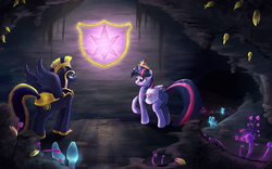 Size: 1920x1200 | Tagged: safe, artist:seyllah, twilight sparkle, oc, oc:zephyr, alicorn, pegasus, pony, g4, cave, duo, female, glowing mushroom, male, mare, mushroom, stallion, twilight sparkle (alicorn), twiphyr