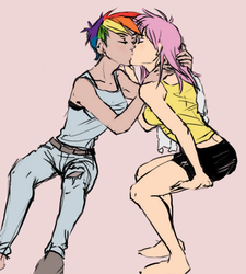 Size: 546x607 | Tagged: safe, artist:allosaurus, artist:ddhew, fluttershy, rainbow dash, human, g4, barefoot, clothes, eyes closed, feet, female, humanized, jeans, kiss on the lips, kissing, lesbian, light skin, midriff, pants, ship:flutterdash, shipping, shorts, sitting, tank top, torn clothes, younger