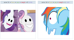 Size: 529x286 | Tagged: safe, rainbow dash, rarity, sweetie belle, derpibooru, g4, exploitable meme, juxtaposition, juxtaposition win, meme, meta