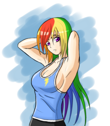Size: 1000x1150 | Tagged: safe, artist:zantyarz, rainbow dash, human, g4, arm behind head, armpits, breasts, busty rainbow dash, cleavage, clothes, female, humanized, light skin, looking at you, shirt, sideboob, simple background, solo, sports, sports outfit, t-shirt, tank top, transparent background