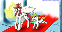 Size: 1980x1020 | Tagged: safe, artist:harthric, oc, oc only, oc:fausticorn, alicorn, pegasus, pony, alicorn oc, doodle, drawing, feather, lauren faust, magic, mouth hold, paper, quill, scroll, telekinesis