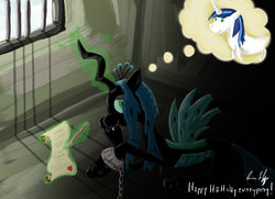 Size: 1050x761 | Tagged: dead source, safe, artist:simonippo, queen chrysalis, shining armor, changeling, changeling queen, pony, unicorn, g4, chains, female, heart, love letters, male, prison, prisoner, ship:shining chrysalis, shipping, straight, thought bubble