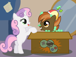 Size: 1600x1200 | Tagged: safe, artist:artartzy, button mash, sweetie belle, g4, box, colt, female, filly, foal, hat, looking at each other, looking at someone, male, packing peanuts, propeller hat, ship:sweetiemash, shipping, straight