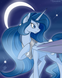 Size: 819x1024 | Tagged: safe, artist:tlatophat, princess luna, g4, bat wings, crescent moon, female, frown, looking back, moonbat, night, palette swap, pearl, ponytail, serious, solo, tail bow