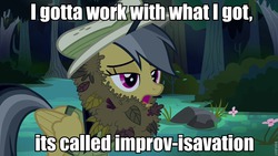 Size: 960x540 | Tagged: safe, edit, edited screencap, screencap, daring do, pegasus, pony, daring don't, g4, caption, duck dynasty, fake beard, female, hat, image macro, leaves, mare, open mouth, solo