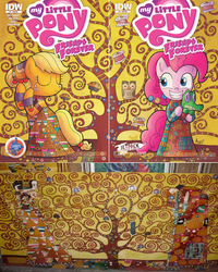 Size: 792x992 | Tagged: safe, artist:agnes garbowska, idw, applejack, pinkie pie, g4, cover, fine art parody, gustav klimt