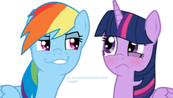 Size: 1024x581 | Tagged: safe, edit, rainbow dash, twilight sparkle, alicorn, pegasus, pony, g4, female, lesbian, meme, rainbow dash's pick-up lines, ship:twidash, shipping, smugdash, text, twilight sparkle (alicorn)