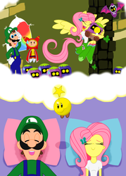 Size: 1024x1427 | Tagged: safe, artist:bbbhuey, fluttershy, equestria girls, g4, antasma, crossover, dream bubble, hug, luigi, luigishy, male, mario & luigi, mario & luigi: dream team, ponied up, prince dreambert, starlow, super mario bros., wings