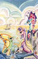 Size: 1257x1920 | Tagged: safe, artist:sara richard, idw, crab, merpony, starfish, friendship is magic #14, g4, my little pony: friendship is magic (idw), boat, comic, cover, ocean, outdoors, rock, sailboat, traditional art, trio, water