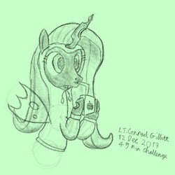 Size: 640x640 | Tagged: safe, artist:lt. conrad gillitt, queen chrysalis, g4, 30 minute art challenge, clothes, female, hoodie, juice box, monochrome, solo