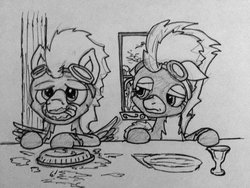 Size: 1032x774 | Tagged: dead source, safe, artist:stormc12, soarin', spitfire, g4, monochrome, pie, that pony sure does love pies