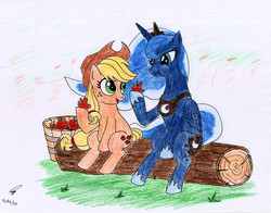 Size: 3240x2540 | Tagged: safe, artist:dieihellden, applejack, princess luna, g4, apple, log, sitting, traditional art