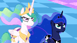 Size: 1280x720 | Tagged: safe, screencap, princess celestia, princess luna, alicorn, pony, g4, princess twilight sparkle (episode), angry, animated, bag, blinking, bruised, celestia is not amused, chestplate, crown, duo, ethereal mane, ethereal tail, female, flowing mane, flowing tail, folded wings, frown, glare, jewelry, looking up, luna is not amused, mare, multicolored mane, plunder seeds, regalia, royal sisters, saddle bag, siblings, sisters, unamused, wings