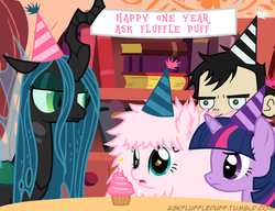 Size: 650x500 | Tagged: safe, artist:mixermike622, queen chrysalis, twilight sparkle, oc, oc:fluffle puff, tumblr:ask fluffle puff, g4, anniversary, candle, cupcake, dan, dan vs, hat, party hat, tumblr