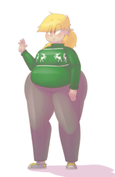 Size: 1248x1920 | Tagged: safe, artist:secretgoombaman12345, derpy hooves, human, g4, aderpose, bbw, clothes, fat, female, humanized, light skin, pants, solo, sweater, thunder thighs, waving