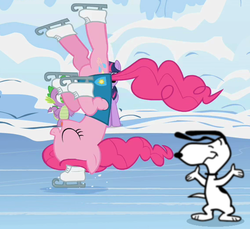 Size: 572x524 | Tagged: safe, edit, edited screencap, screencap, pinkie pie, spike, twilight sparkle, g4, winter wrap up, charles m schulz, christmas, clothes, cropped, ice skates, ice skating, peanuts, snoopy, snow, vest, winter, winter wrap up vest
