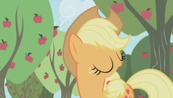 Size: 500x281 | Tagged: safe, screencap, applejack, applebuck season, g4, season 1, animation error, apple, female, glitch, great moments in animation, no mouth, solo, tree, wat