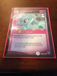 Size: 1200x1600 | Tagged: safe, enterplay, lyra heartstrings, pony, unicorn, g4, my little pony collectible card game, premiere, ccg, female, horn, irrational exuberance, mare, smiling, tail