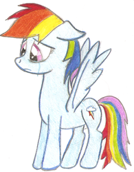 Size: 728x931 | Tagged: safe, artist:scratchie, rainbow dash, pegasus, pony, g4, colored, crying, drawing, female, floppy ears, solo, traditional art