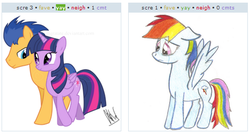 Size: 474x255 | Tagged: safe, artist:scratchie, flash sentry, rainbow dash, twilight sparkle, alicorn, pegasus, pony, derpibooru, g4, crying, exploitable meme, female, juxtaposition, juxtaposition win, lesbian, mare, meme, meta, sad, ship:flashlight, ship:twidash, shipping, twilight sparkle (alicorn), waifu thief