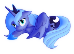 Size: 1355x986 | Tagged: safe, artist:ingratate, princess luna, pony, friendship is magic, g4, female, looking at you, prone, s1 luna, simple background, solo