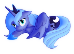 Size: 1355x986 | Tagged: safe, artist:ingratate, princess luna, pony, friendship is magic, g4, my little pony: friendship is magic, female, looking at you, prone, s1 luna, simple background, solo