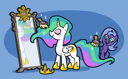 Size: 800x494 | Tagged: safe, artist:shuffle001, princess celestia, princess luna, alicorn, pony, g4, brush, brushing, filly, mirror, woona