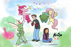 Size: 2250x1500 | Tagged: safe, artist:kakujo, fluttershy, pinkie pie, bulbasaur, human, scyther, g4, crossover, hat, party hat, pokémon