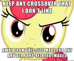 Size: 610x501 | Tagged: safe, apple bloom, derpibooru, g4, angry, female, image macro, meta, mouthpiece, satire, solo