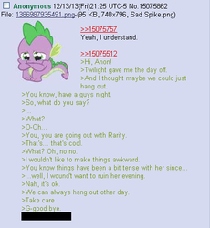 Size: 412x448 | Tagged: safe, spike, g4, /mlp/, 4chan, 4chan screencap, anon in equestria, feels, greentext, rejection is magic, sad, text