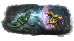 Size: 1196x668 | Tagged: safe, artist:saturdaymorningproj, idw, kaiju, nightmare forces, crossover, fight, godzilla, godzilla (series), nightmare godzilla