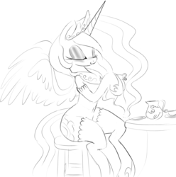 Size: 1265x1277 | Tagged: safe, artist:zev, princess celestia, g4, belly button, eyes closed, eyeshadow, female, grayscale, monochrome, smiling, solo, spread wings, stockings, tea, teacup