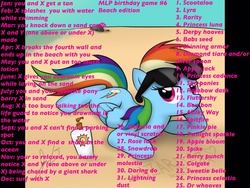 Size: 960x720 | Tagged: safe, apple bloom, applejack, fluttershy, pinkie pie, princess cadance, princess luna, rainbow dash, rarity, scootaloo, shining armor, spike, sweetie belle, twilight sparkle, g4, beach, birthday game, cutie mark crusaders, exploitable meme, mane six, meme, text