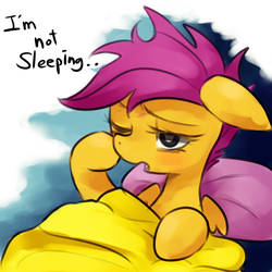 Size: 1200x1200 | Tagged: safe, artist:maren, scootaloo, pegasus, pony, g4, sleepless in ponyville, bed, bed mane, cute, cutealoo, female, filly, messy mane, morning ponies, one eye closed, pillow, solo, tired
