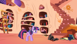 Size: 3000x1756 | Tagged: safe, twilight sparkle, pony, unicorn, zorua, g4, book, bookshelf, crossover, crying, desk, eyes closed, female, frown, golden oaks library, ladder, library, lying, lying down, mare, pokémon, prone, sad, standing, unicorn twilight, window