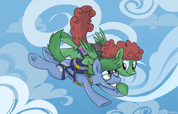 Size: 900x579 | Tagged: dead source, safe, artist:spainfischer, oc, oc only, oc:software patch, oc:windcatcher, earth pony, pegasus, pony, duo, falling, female, glasses, grin, holding hooves, male, parachute, skydiving, stallion, straight, windpatch
