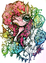 Size: 826x1122 | Tagged: safe, artist:twistedmindbrony, pinkie pie, parasprite, g4, balloon, cake, female, solo